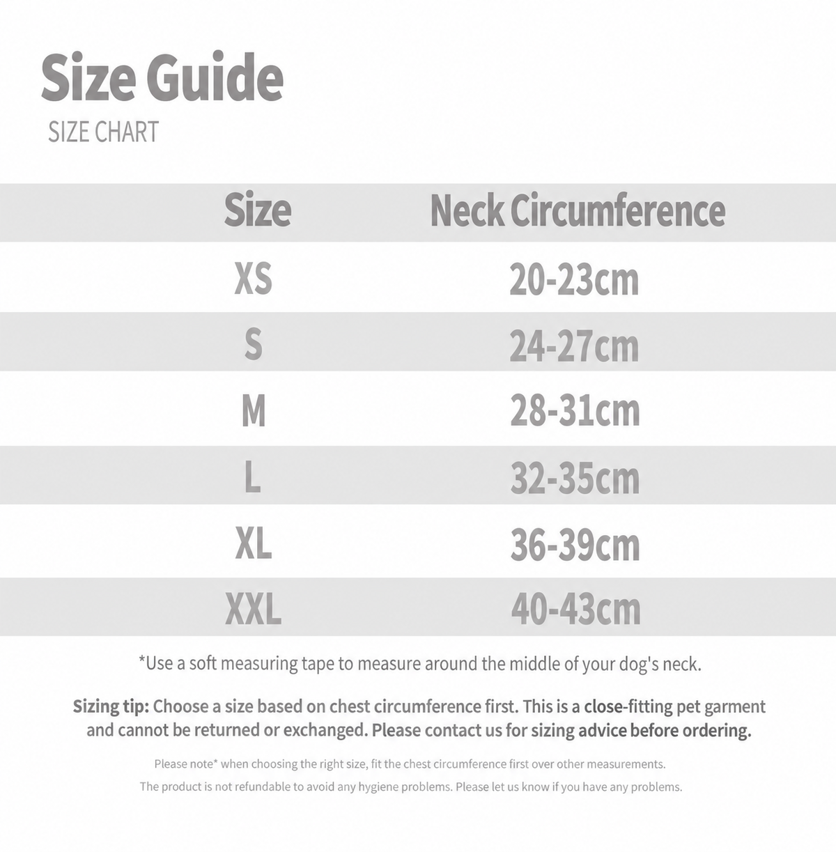 Fireside Cloud dog snood size guide