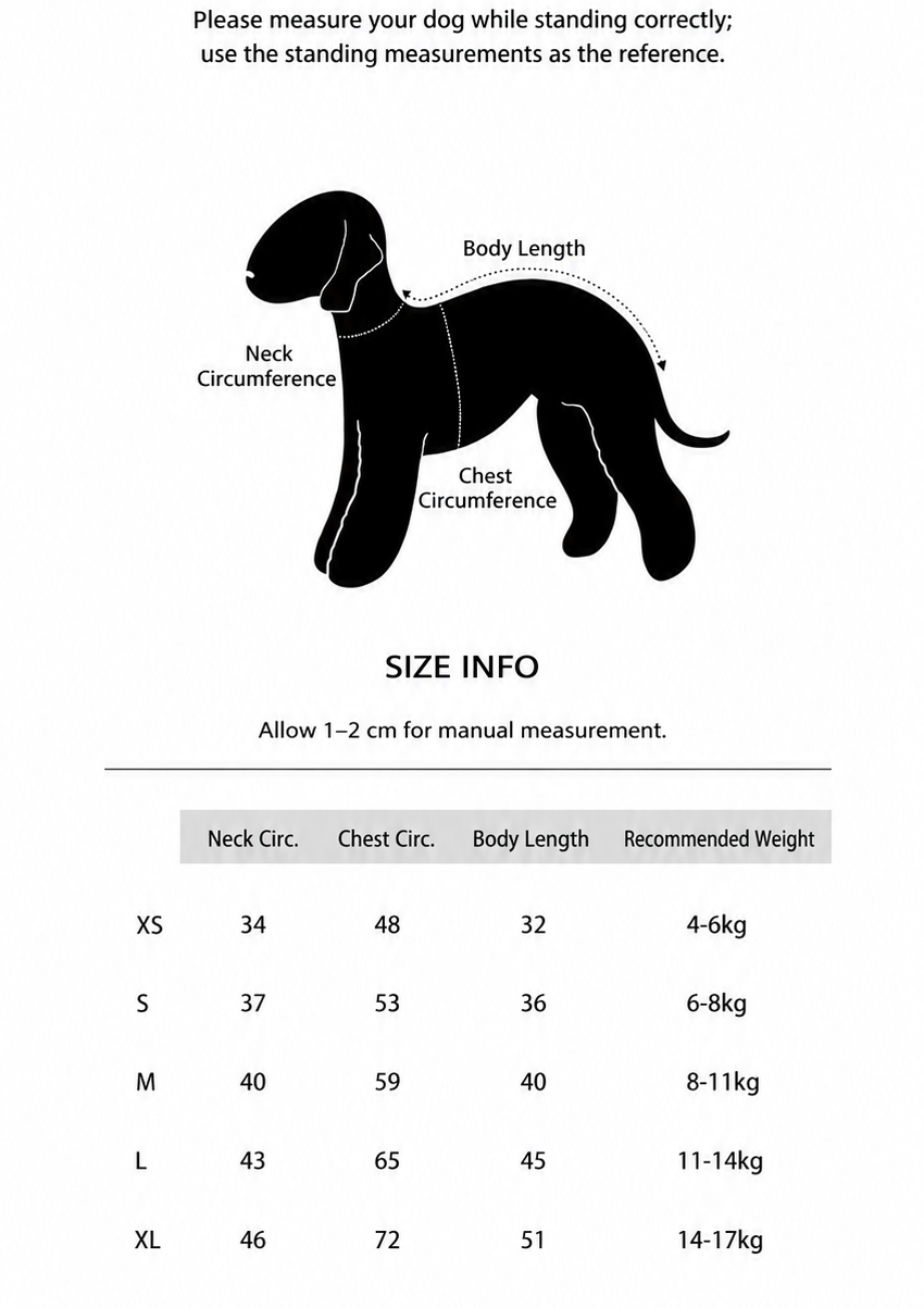 English size guide for varsity dog sweatshirt