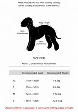 English size guide for Airy Harness dog vest