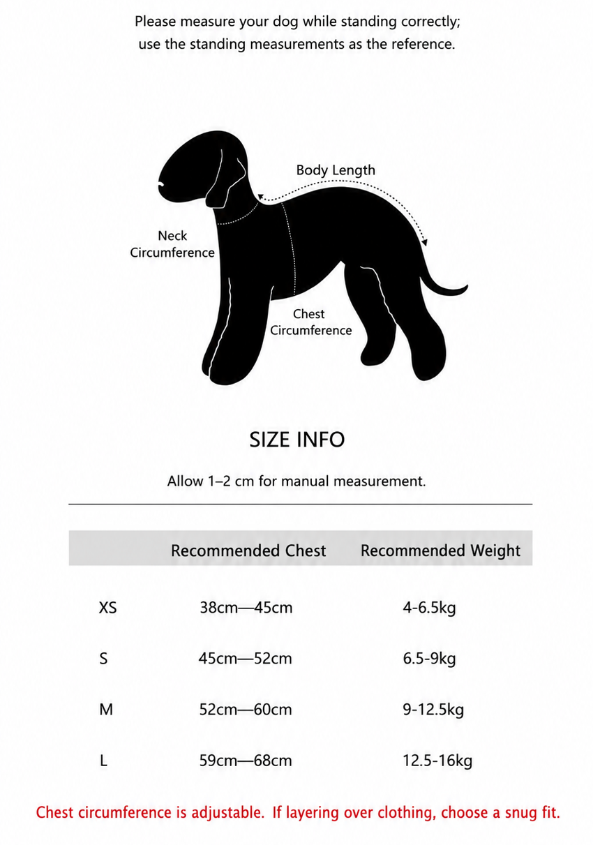 English size guide for Airy Harness dog vest