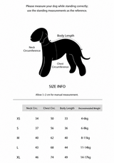 English size guide for Rainlight dog sweatshirt