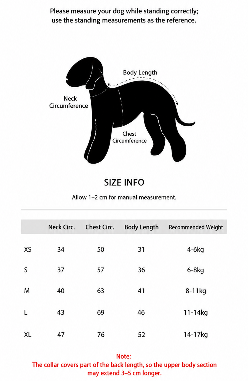 English size guide for Campus Classic dog bodysuit