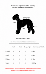 English size chart for the denim padded dog vest