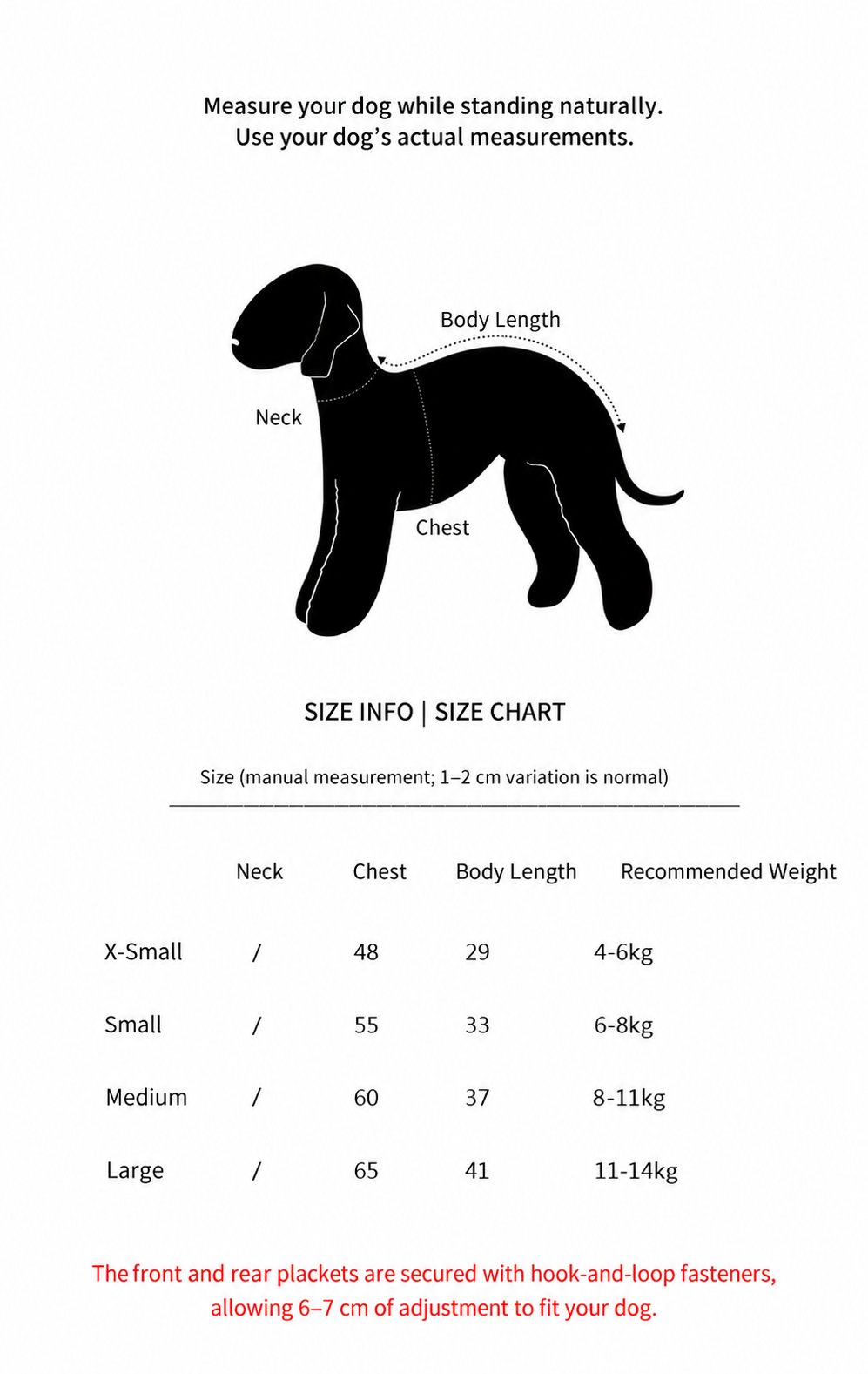 English size chart for the denim padded dog vest