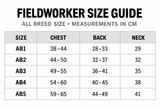 Fieldworker dog overalls size guide in centimeters