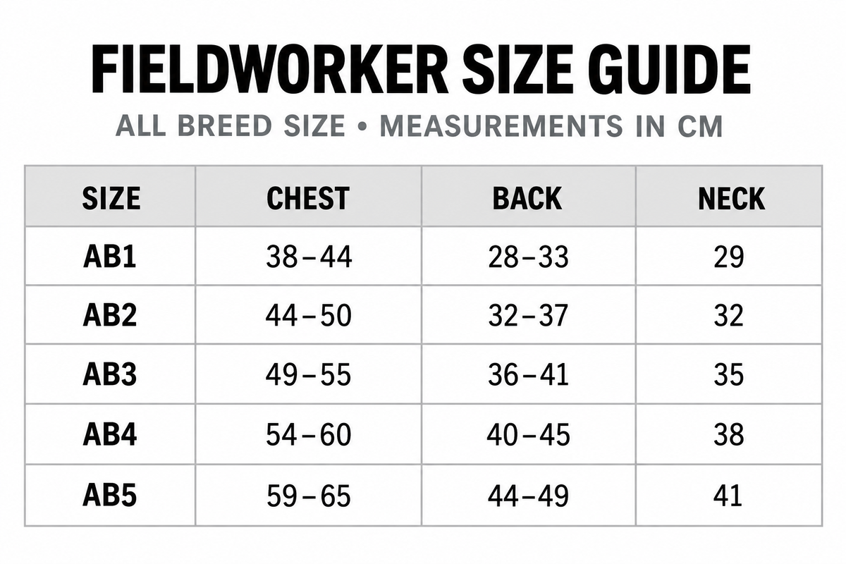 Fieldworker dog overalls size guide in centimeters