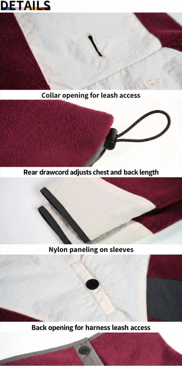 Fleece-Panel dog sweatshirt details with leash access openings, adjustable drawcord and nylon sleeve panels