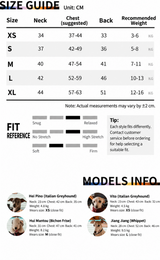 Fleece-Panel two-leg dog sweatshirt English size guide with fit reference and model measurements