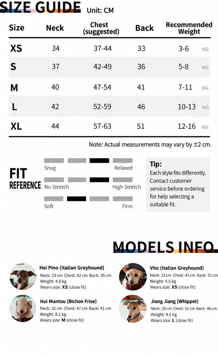 Fleece-Panel two-leg dog sweatshirt English size guide with fit reference and model measurements