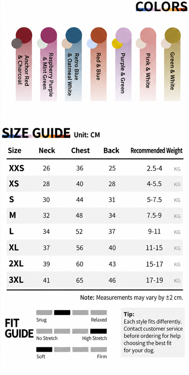 Gingerwarm anti-static Tencel dog vest colors and English size guide