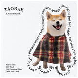 Shiba Inu wearing a brown and red plaid cape.