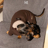 Overhead view of a brown dachshund bodysuit with a pale pink collar.
