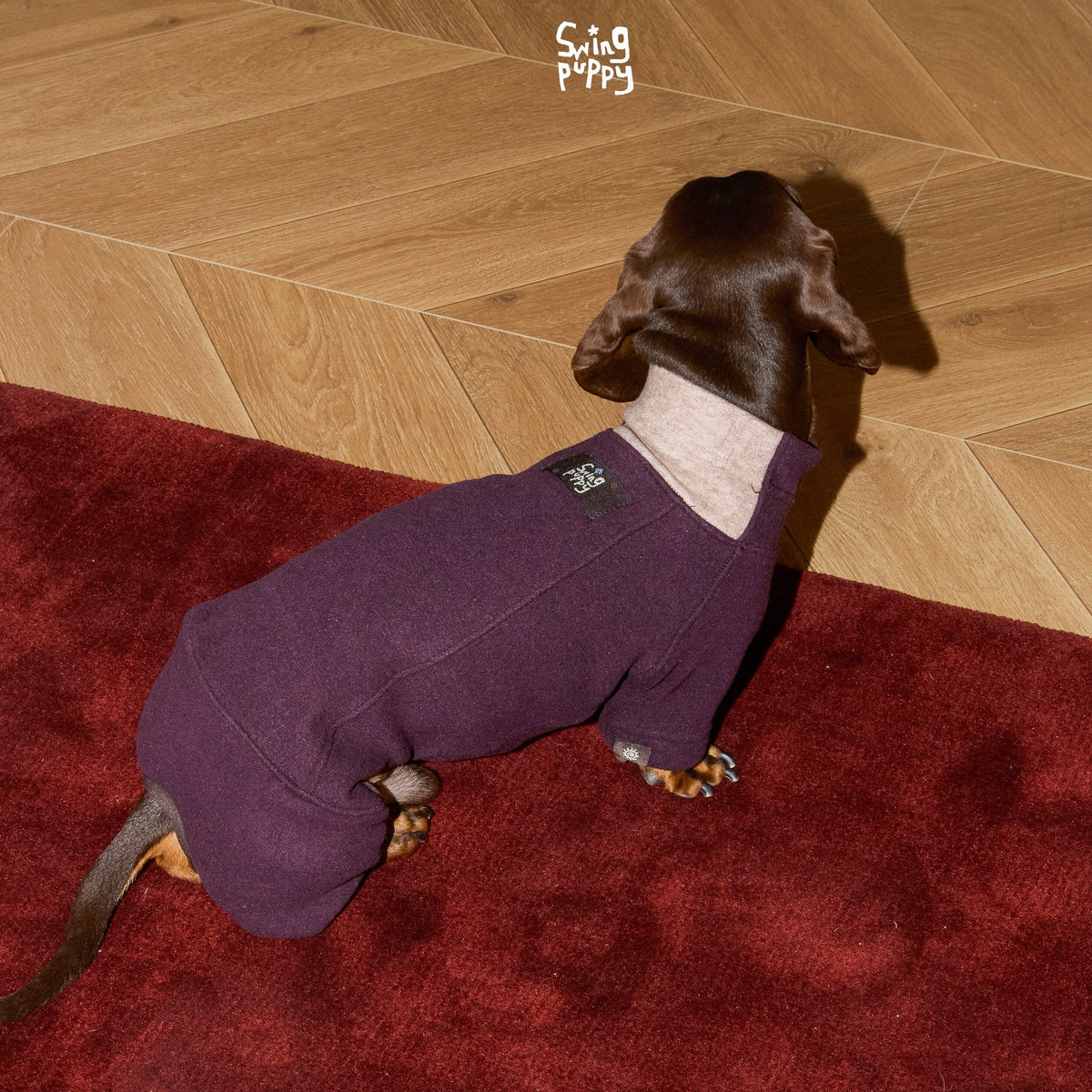 Rear view of a plum dachshund bodysuit with a pale pink collar.