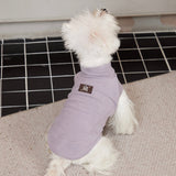 Rear view of a lavender sleeveless top on a white terrier.