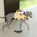 Dog wearing a yellow backpack on a yellow harness vest.