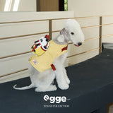 Dog wearing a yellow and white backpack beside a railing.