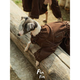 Brown dog utility bodysuit with contrast seams and pockets.