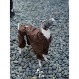 Dog modeling a brown four-leg utility suit on a pebble surface.