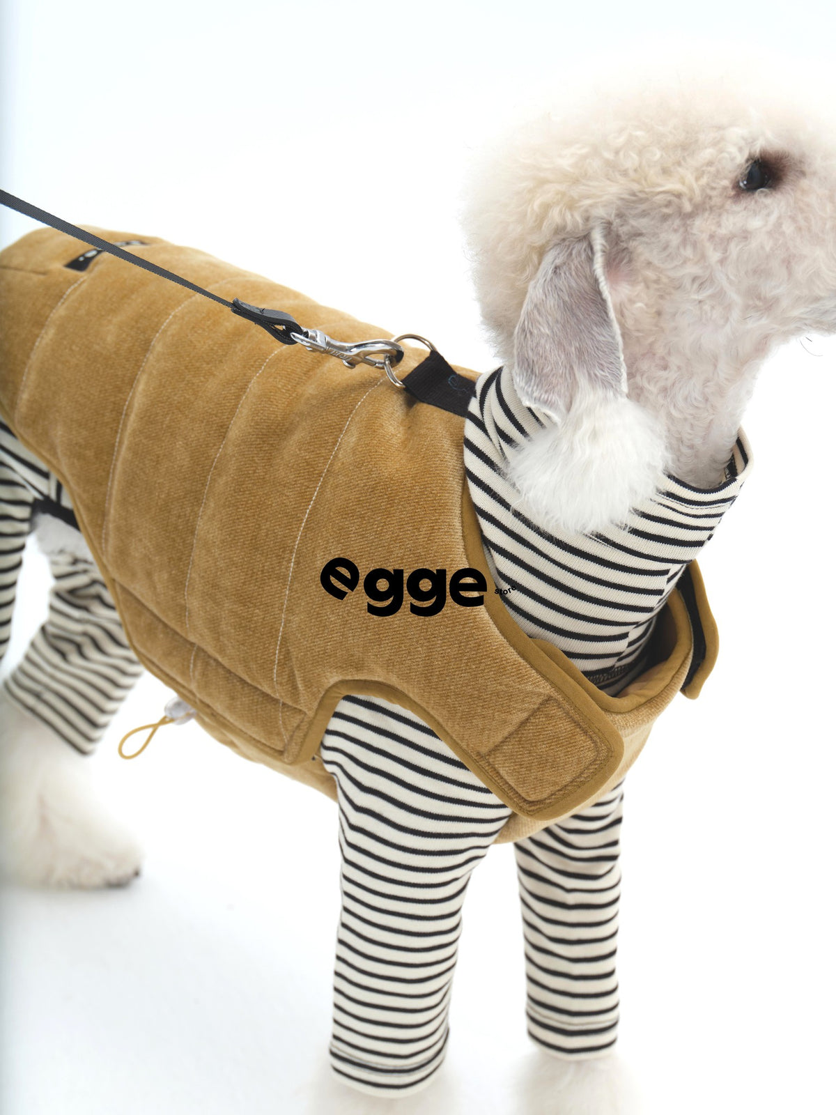 Mustard denim dog vest with front pocket and leash attachment.