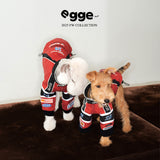Dogs modeling red and black racing jackets.