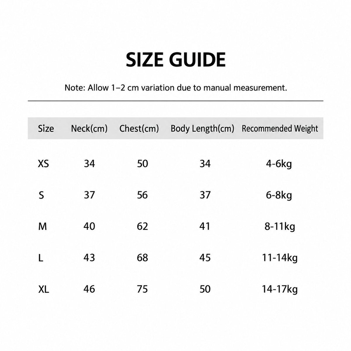 Dog racing jacket size chart.