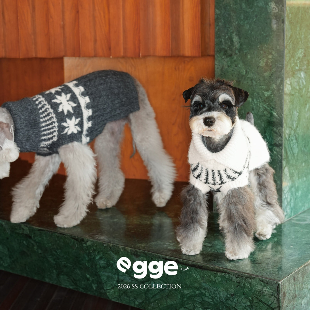 Dogs modeling gray and cream patterned knit sweaters.