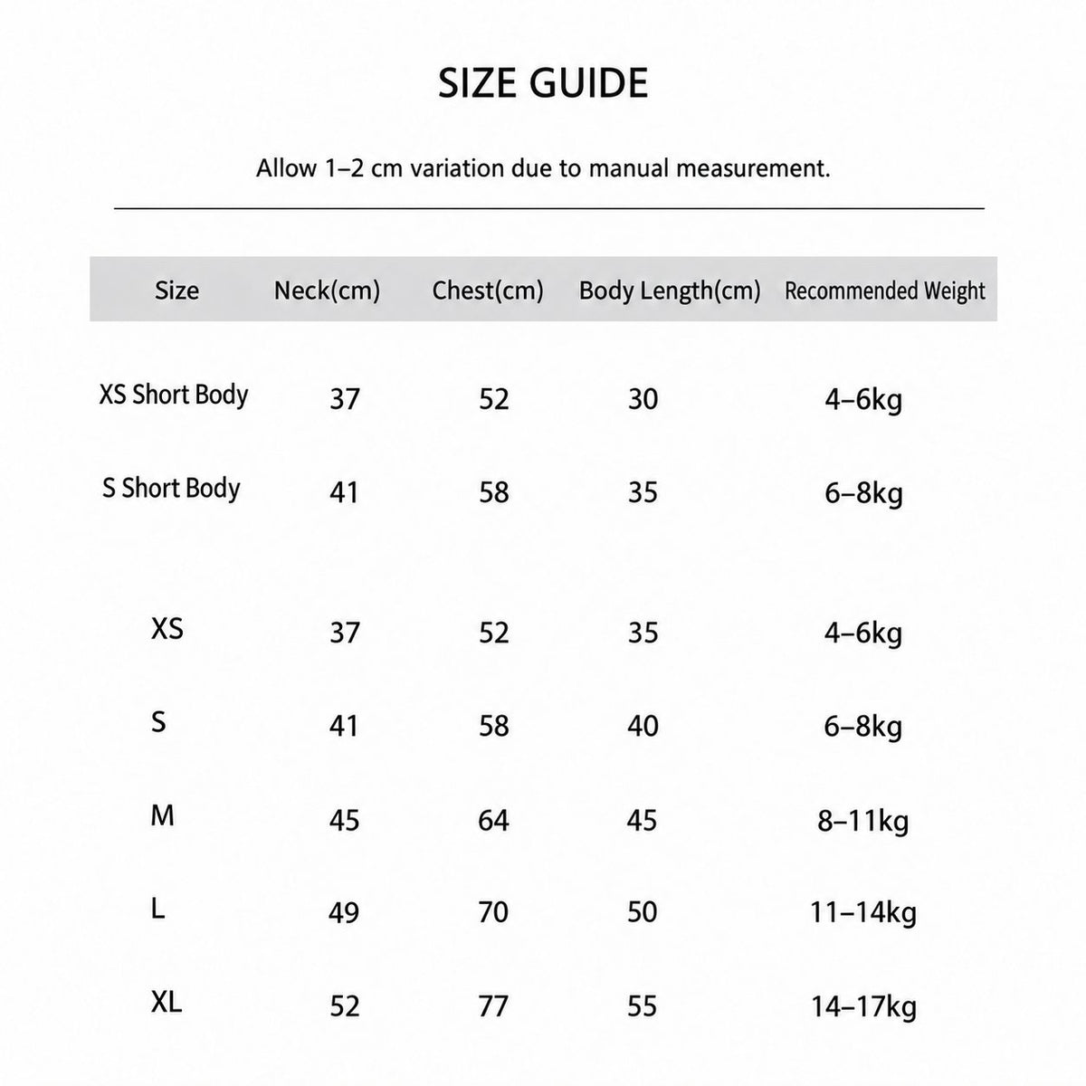 Dog puffer bodysuit size chart with body measurements.