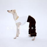 Dog wearing dark brown trousers and a white sleeveless top.