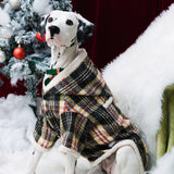 Seated Dalmatian wearing a plaid hooded coat with fluffy trim.