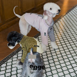 Two dogs wearing olive and pale pink pocket sweatshirts.