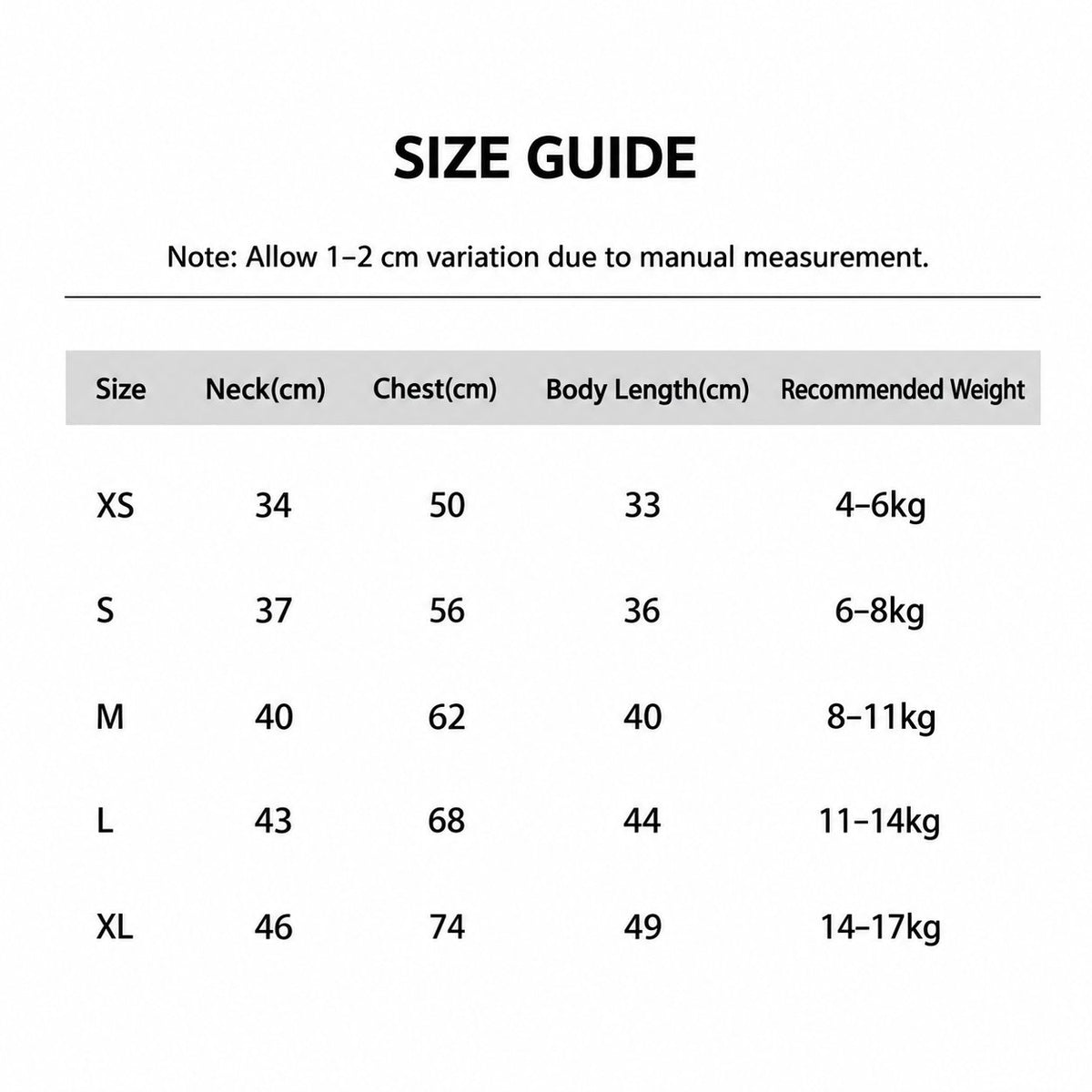 Dog pocket sweatshirt size chart.