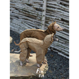 Dogs wearing brown and beige hooded outdoor suits.