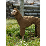 Side view of a brown dog outdoor bodysuit in the grass.