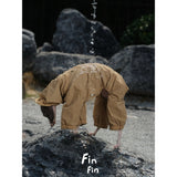 Dog wearing a brown outdoor bodysuit on rocks.