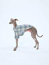 Blue plaid dog shirt with front sleeves, shown from the side.