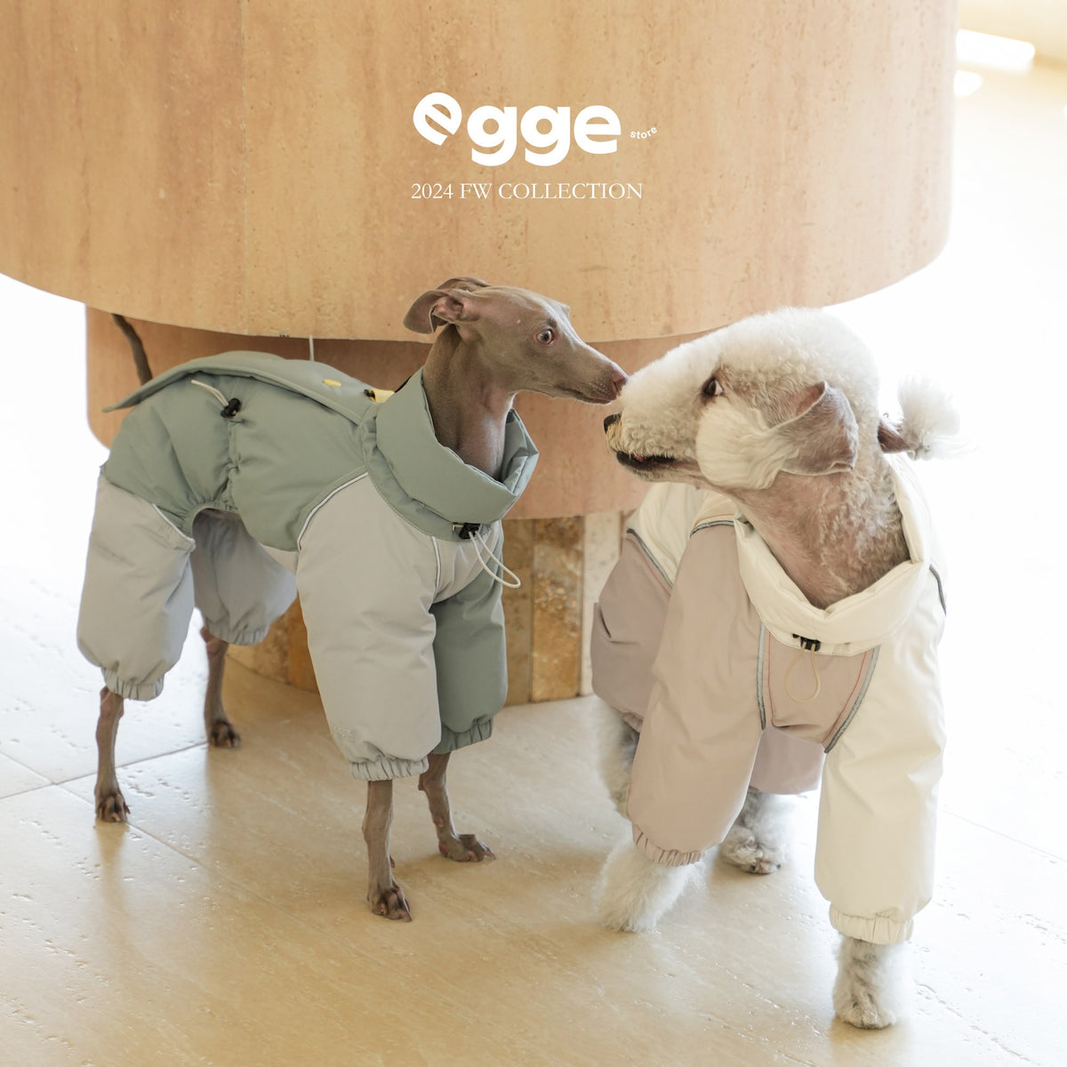 Dogs modeling mint and cream four-leg puffer suits.