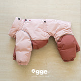 Pink and rust four-leg dog puffer bodysuit laid flat.