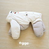 Cream and gray four-leg dog puffer bodysuit laid flat.
