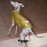 Rear view of a mustard dog vest with contrasting back panel.