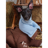 Brown dog puffer bodysuit with a contrasting blue collar.