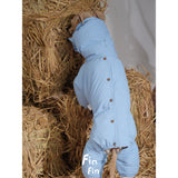 Blue dog puffer bodysuit laid flat on straw.
