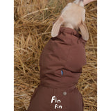 Brown dog puffer bodysuit laid flat with snaps visible.