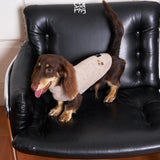 Dachshund wearing a pale pink textured sleeveless sweater on a black chair.