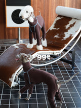 Dogs wearing brown stretch cotton bodysuits beside a lounge chair.