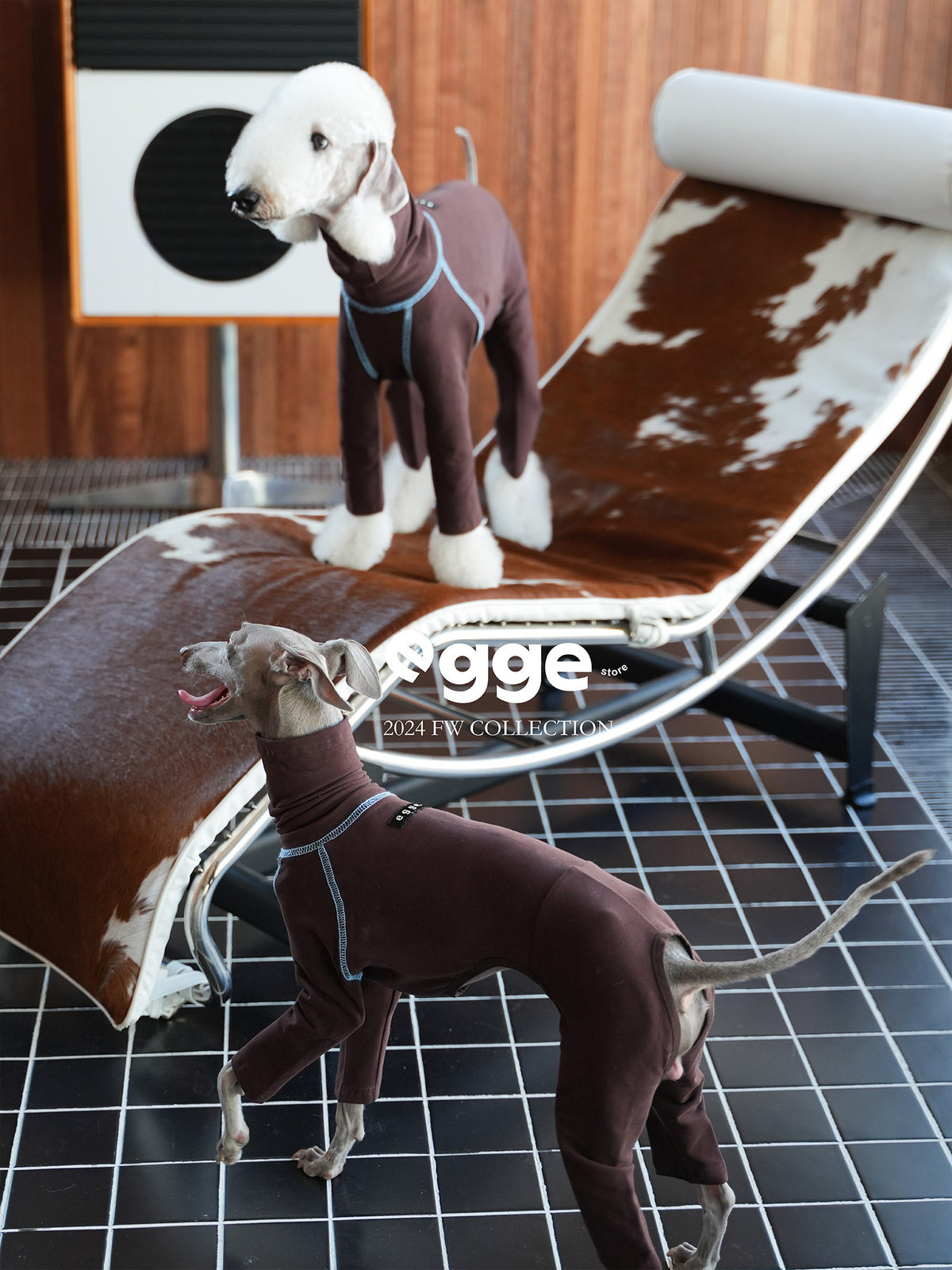 Dogs wearing brown stretch cotton bodysuits beside a lounge chair.