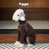 Seated dog wearing a brown four-leg bodysuit with blue seam trim.