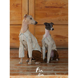 Two dogs modeling striped shirts with brown rear-leg sections.