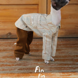 Striped dog pajama shirt with front sleeves and brown rear-leg section.