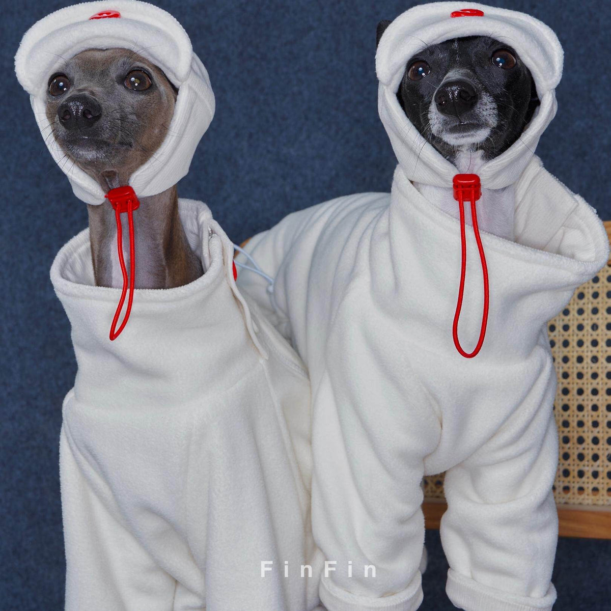 Close-up of cream dog aviator hats with red chin ties.