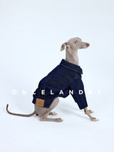 Seated dog wearing a navy jacket with a rear hem label.